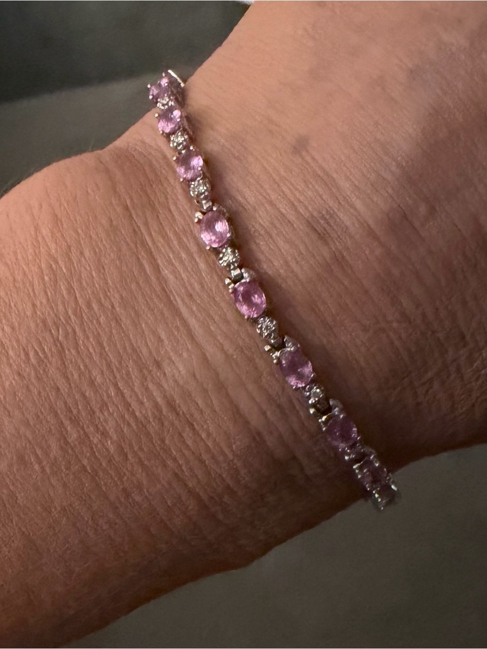 14k White Gold 22 Pink Oval Sapphire 22    Diamonds Tennis Bracelet